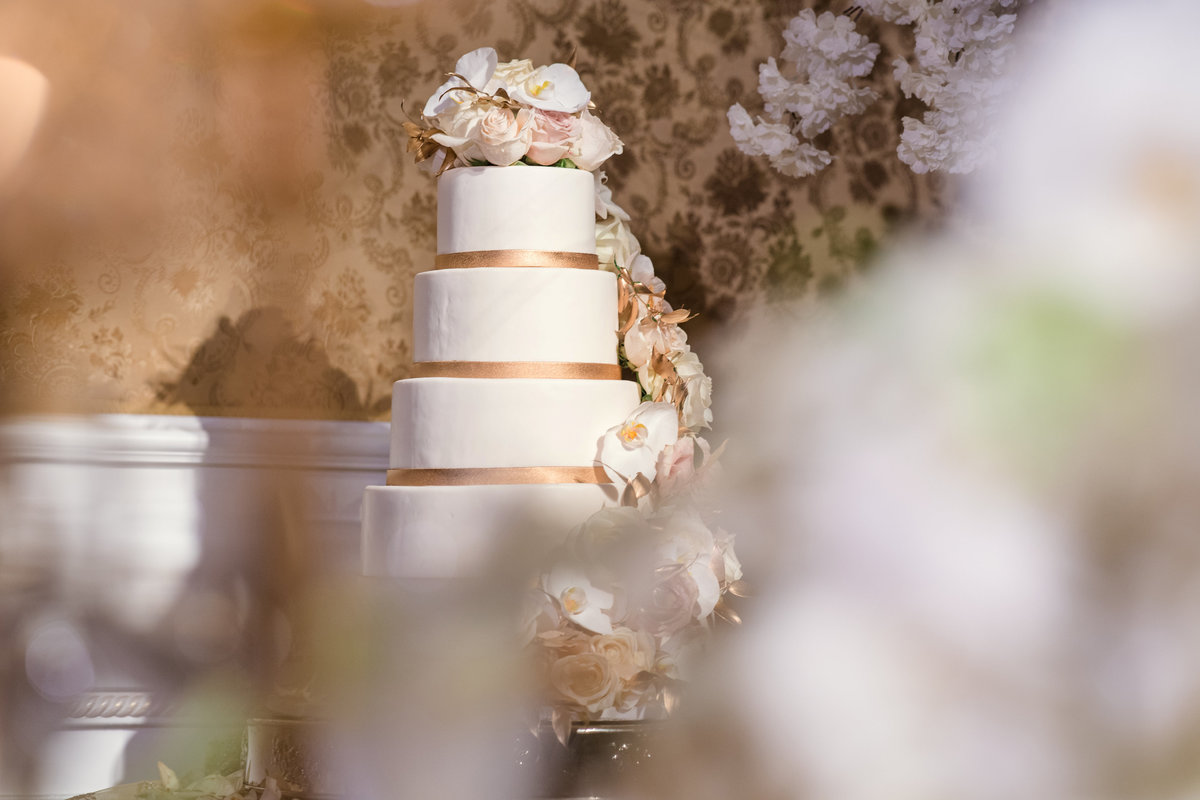 distant and focused photo of wedding cake from wedding at The Garden City Hotel