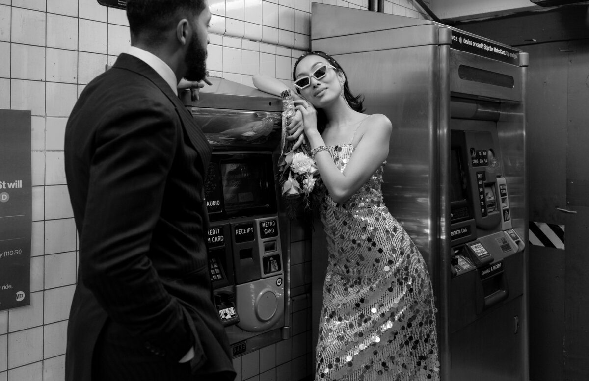 Modern, urban editorial elopement session on the NYC subway, capturing bold style and romantic vibes.