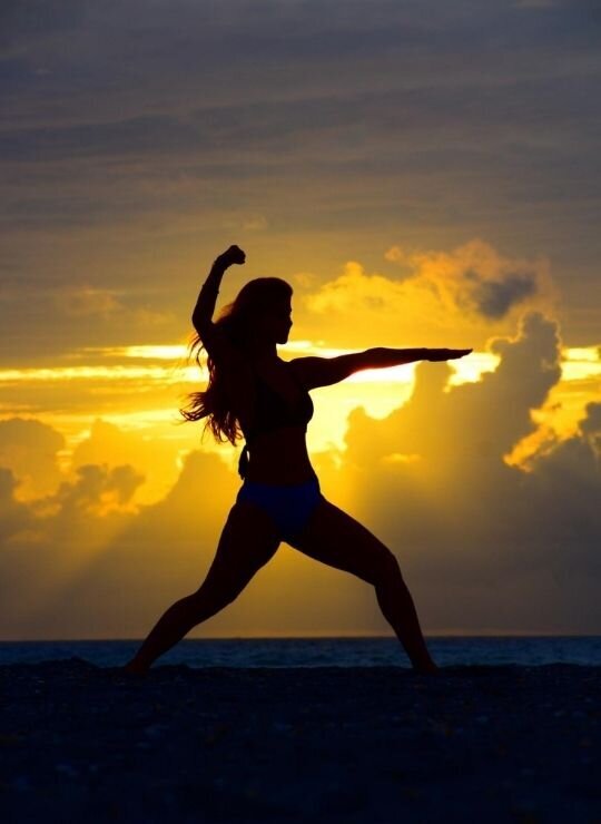 beautiful-girl-woman-yoga-warrior-sunrise-yellow-colorful-sky