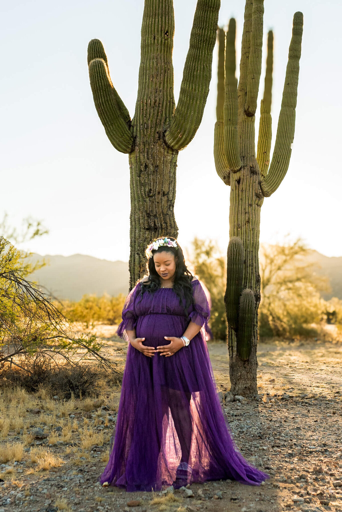 beautiful mom-to-be surrounded by saguaros in the Arizona desert