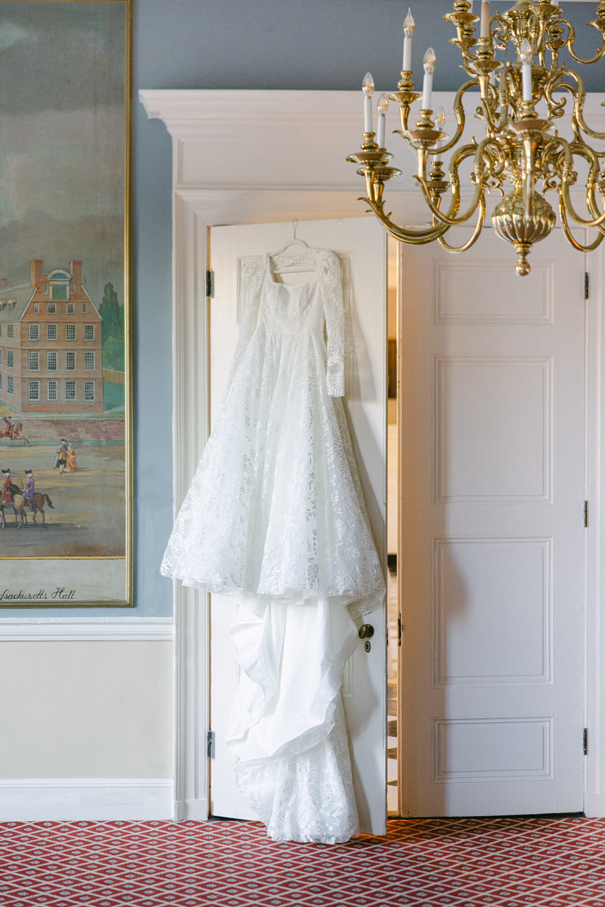 a wedding dress hanging up