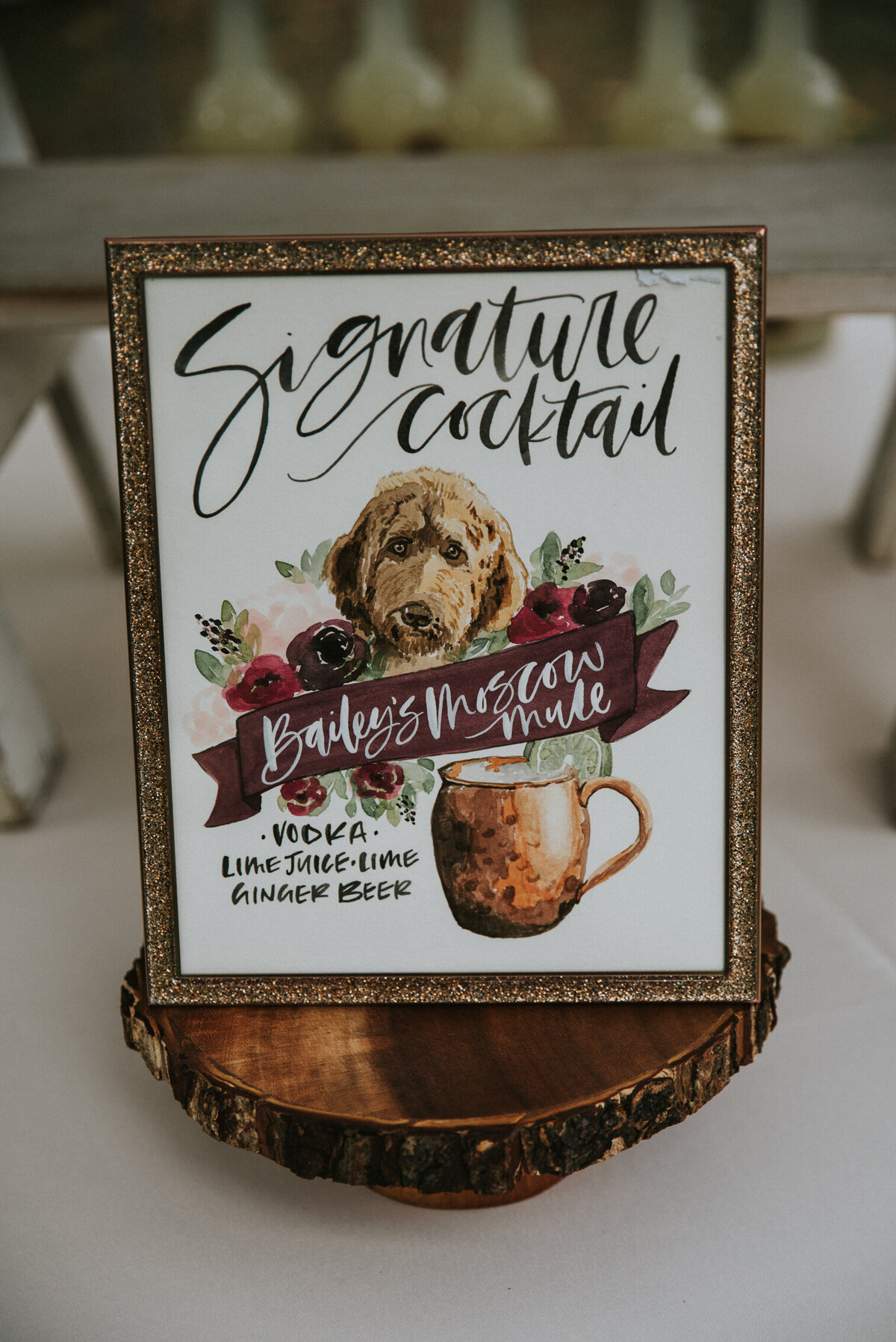 custom signature cocktail signage with watercolor pet illustration