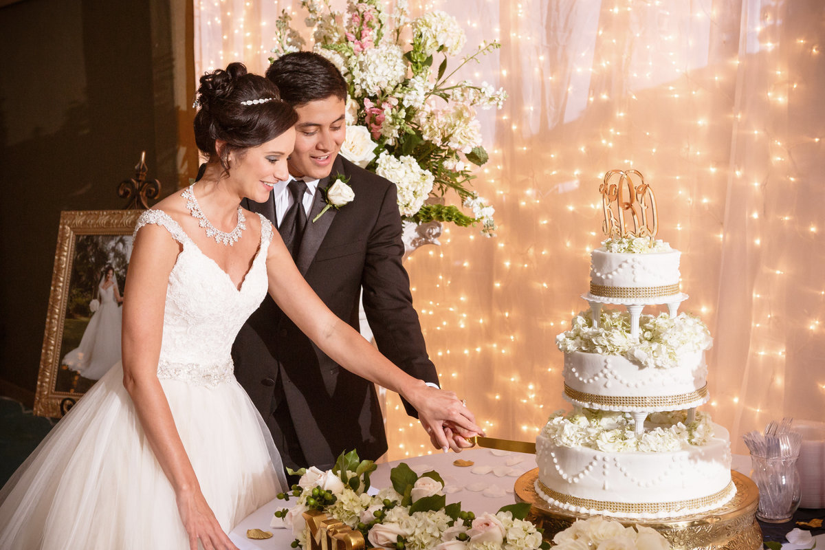 A newly married couple cuts the wedding cake with a Disney theme in Saraland, Alabama.