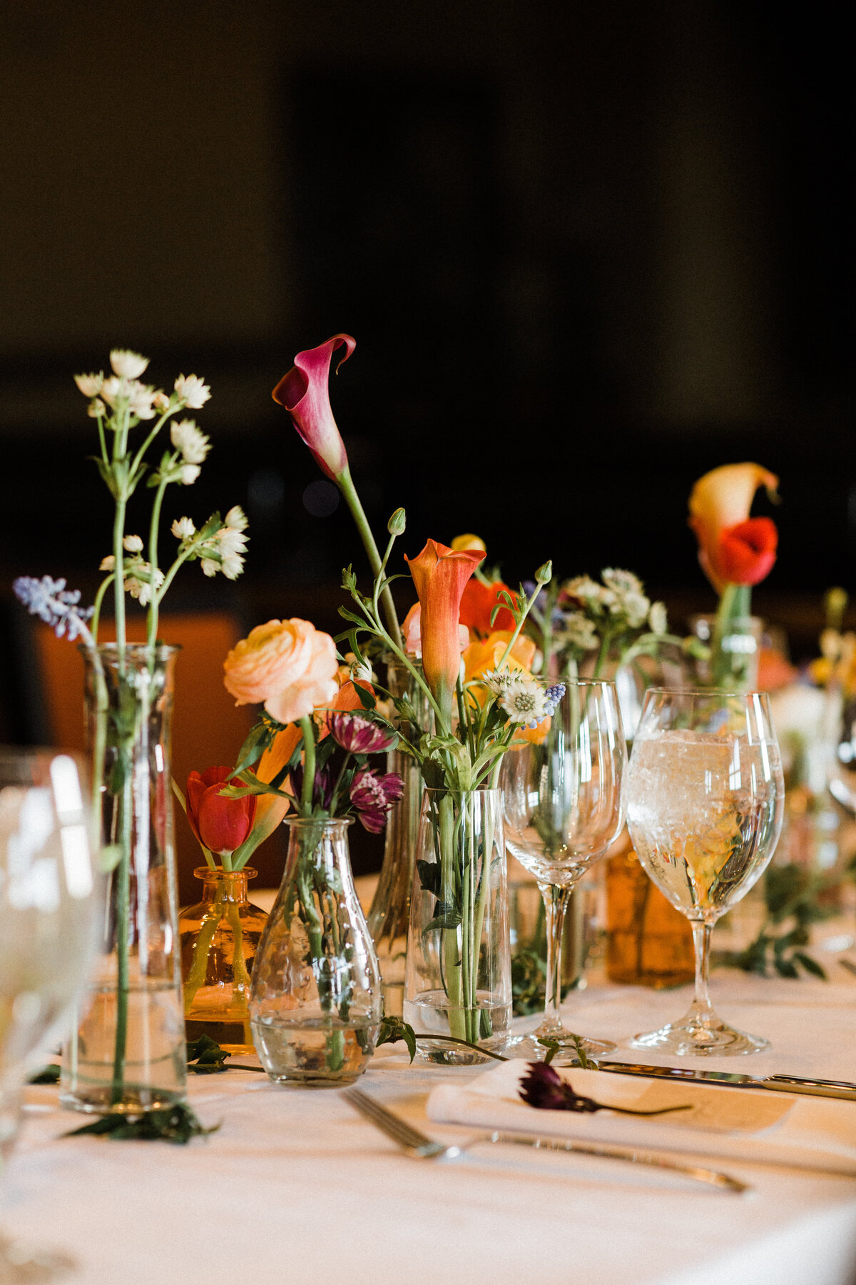 Table vases, bud vases, calla lilies, winter wedding