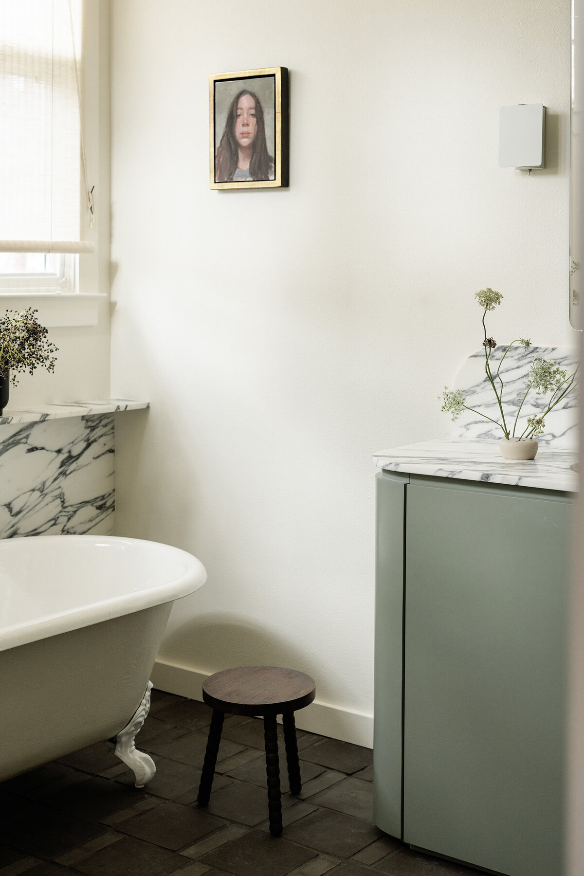 house-franc-hyde-park-bathroom-remodel-historic-home-design-green-vanity-cabinetry-arabescato-marble-countertop-clawfoot-tub-belgian-terracotta-floors-historic-neighborhood-austin-texas