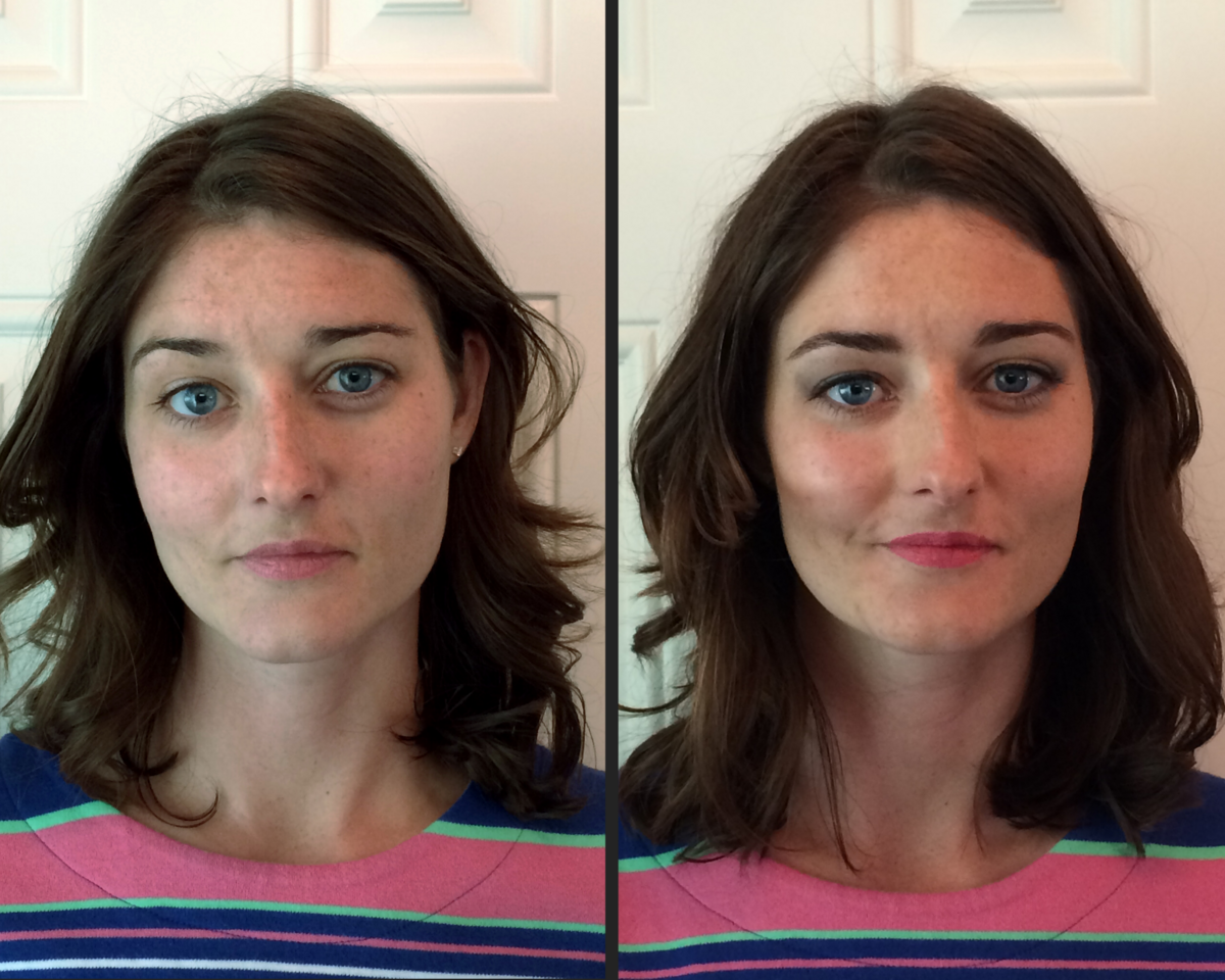 before and. after corrective makeup to alter cheekbone placement straighten nose lined eyes to accentuate blue eyes