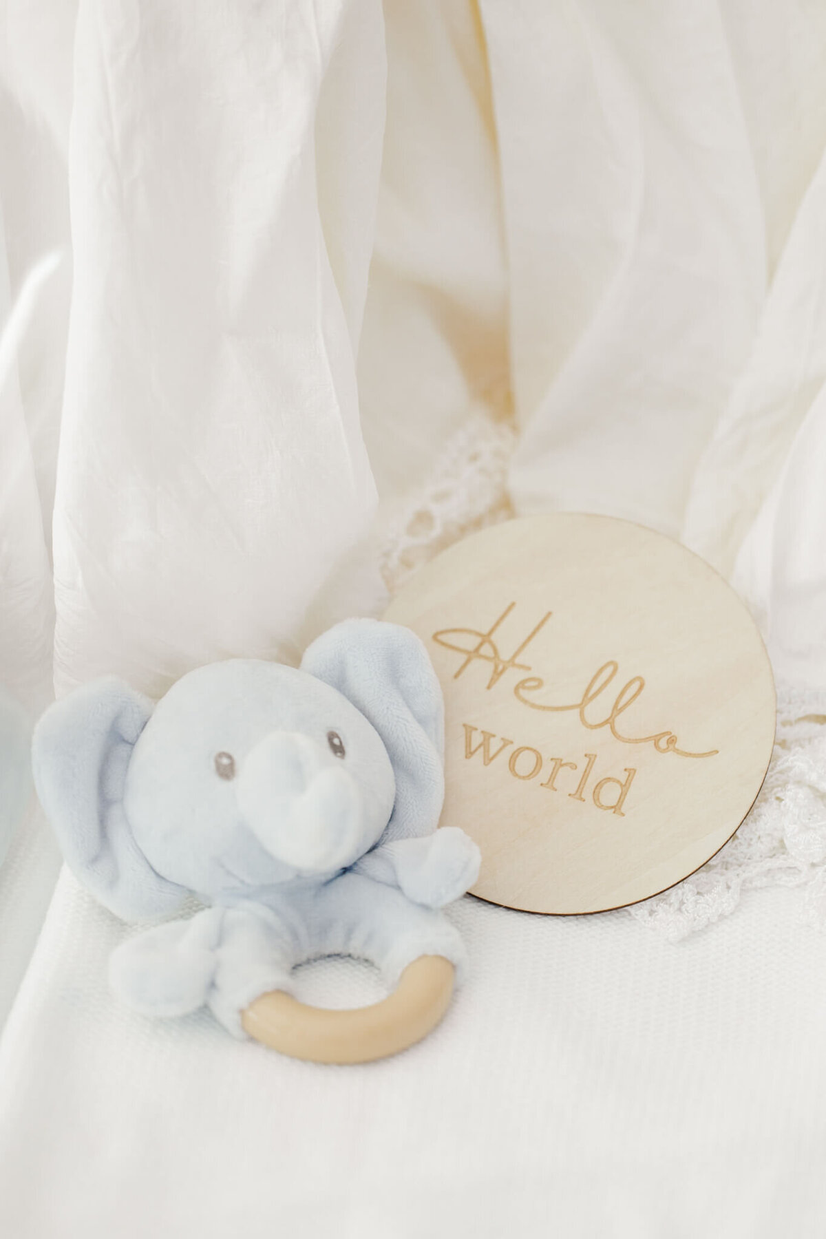 Little toy blue elephant beside a little round wooden sign that says 'Hello World', lying in a hospital crib that is made up of white linen and a lace blanket.