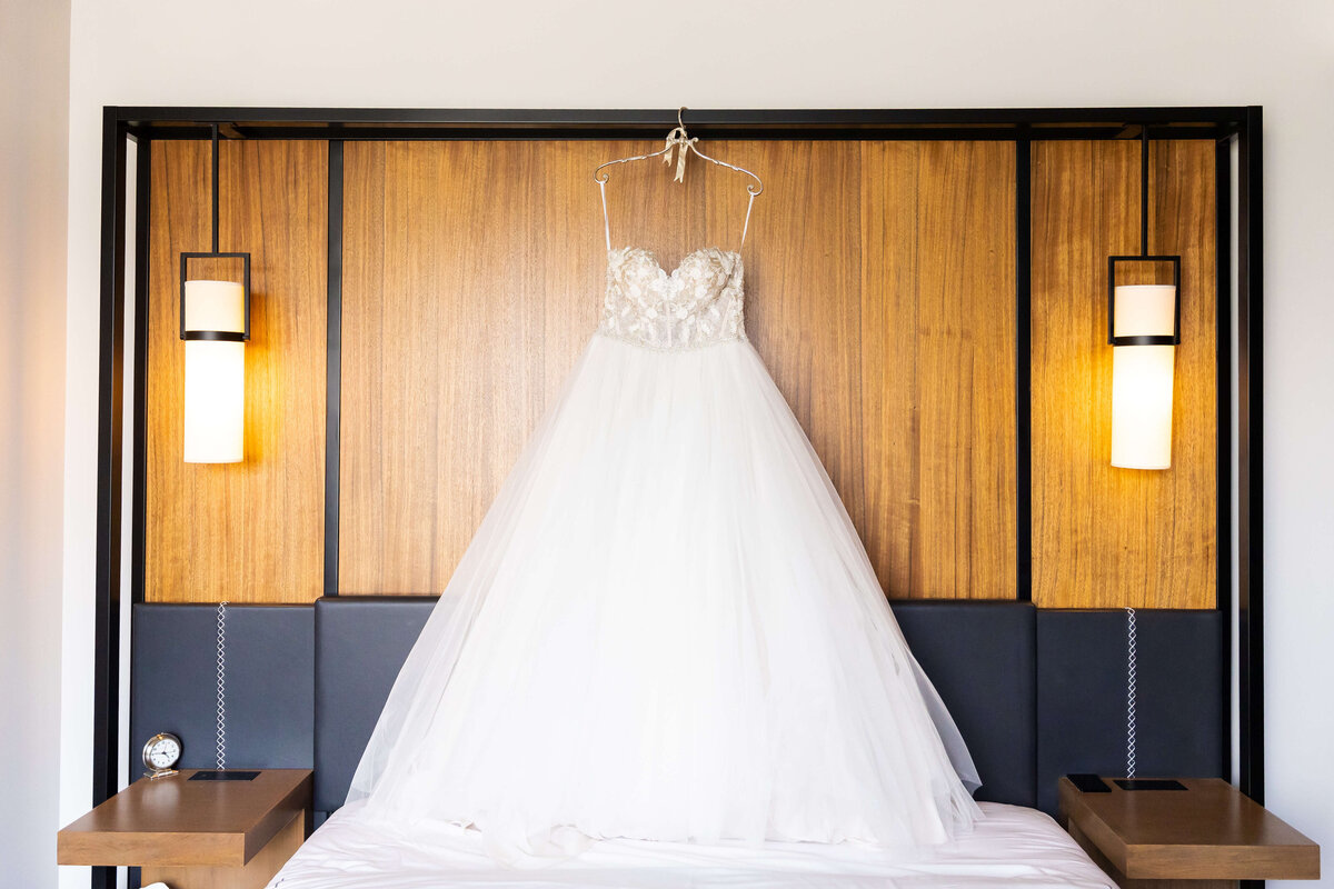 Wedding dress hung up at The Aertson hotel, Nashville