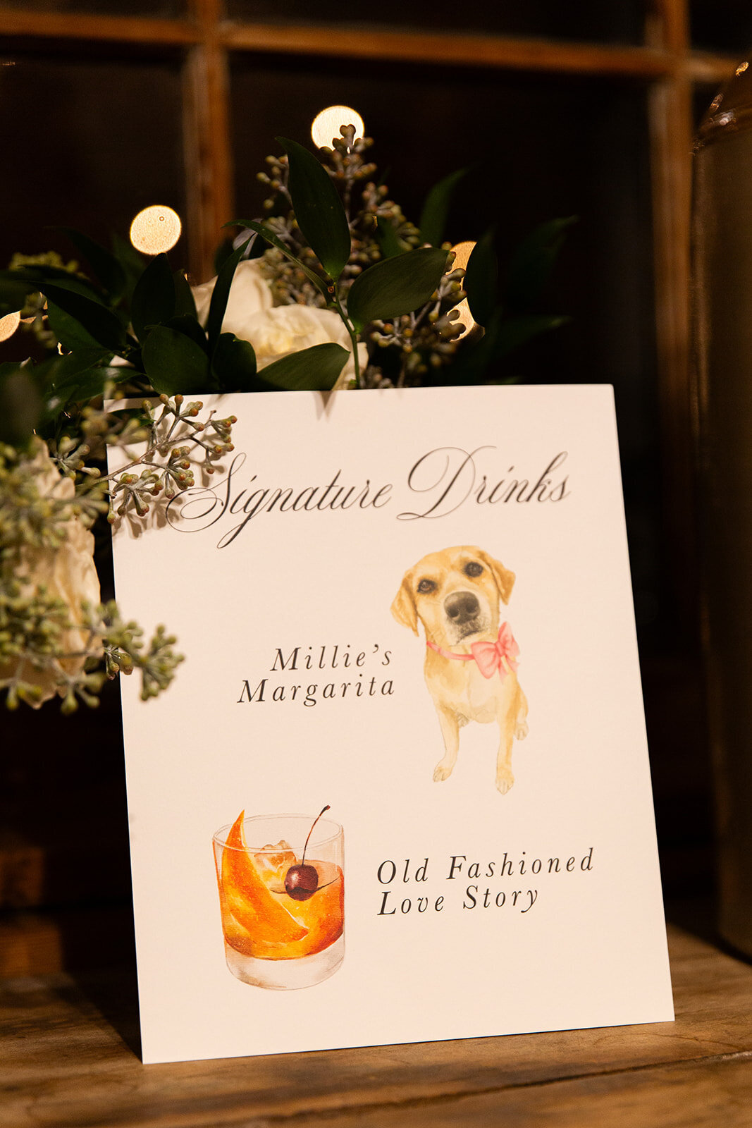 a pet portrait included on a drink menu for a wedding