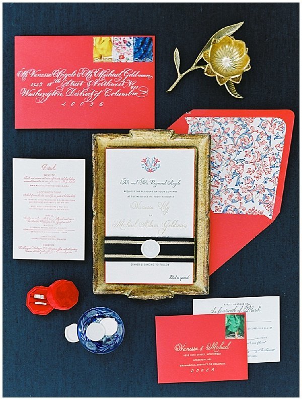 Red and Black Wedding Invitation with Patterned Envelope Liner © Bonnie Sen Photography