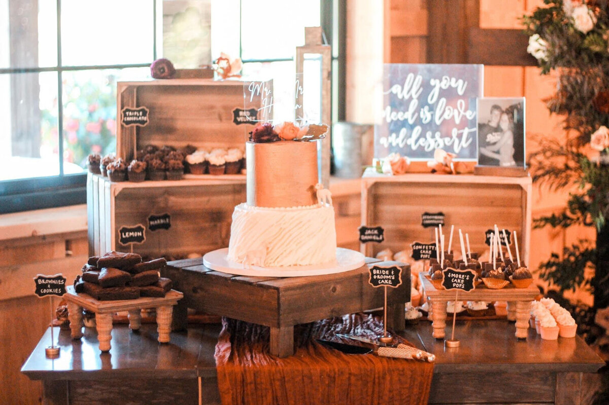 Dessert table with a white cake and various treats