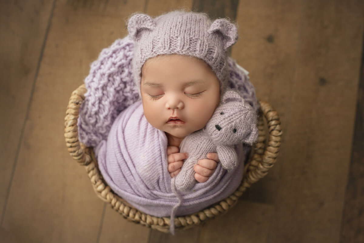 newborn baby posed with purple bear and bonnet for her newborn photography shoot in hamilton, ON