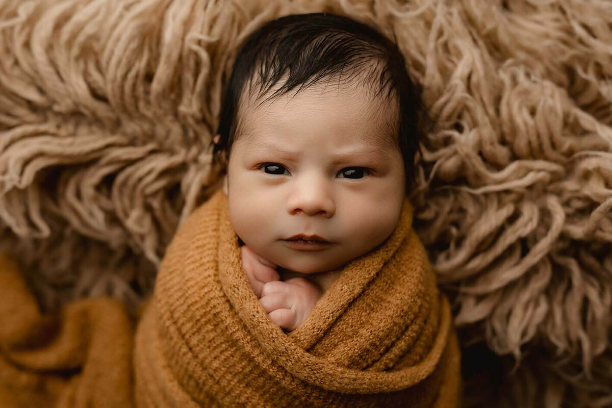 A baby wrapped in a brown wrap stares directly at the camera