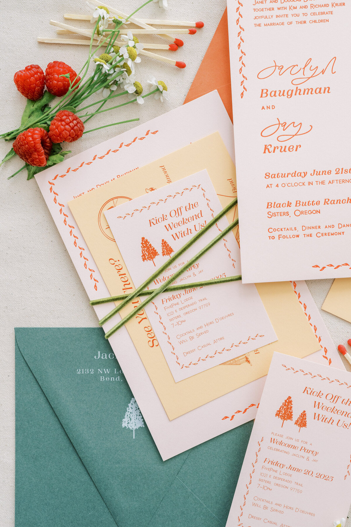 Coral and peach wedding invitation with calligraphy custom details, florals and berries representing full service design and calligraphy by Life in Letters.