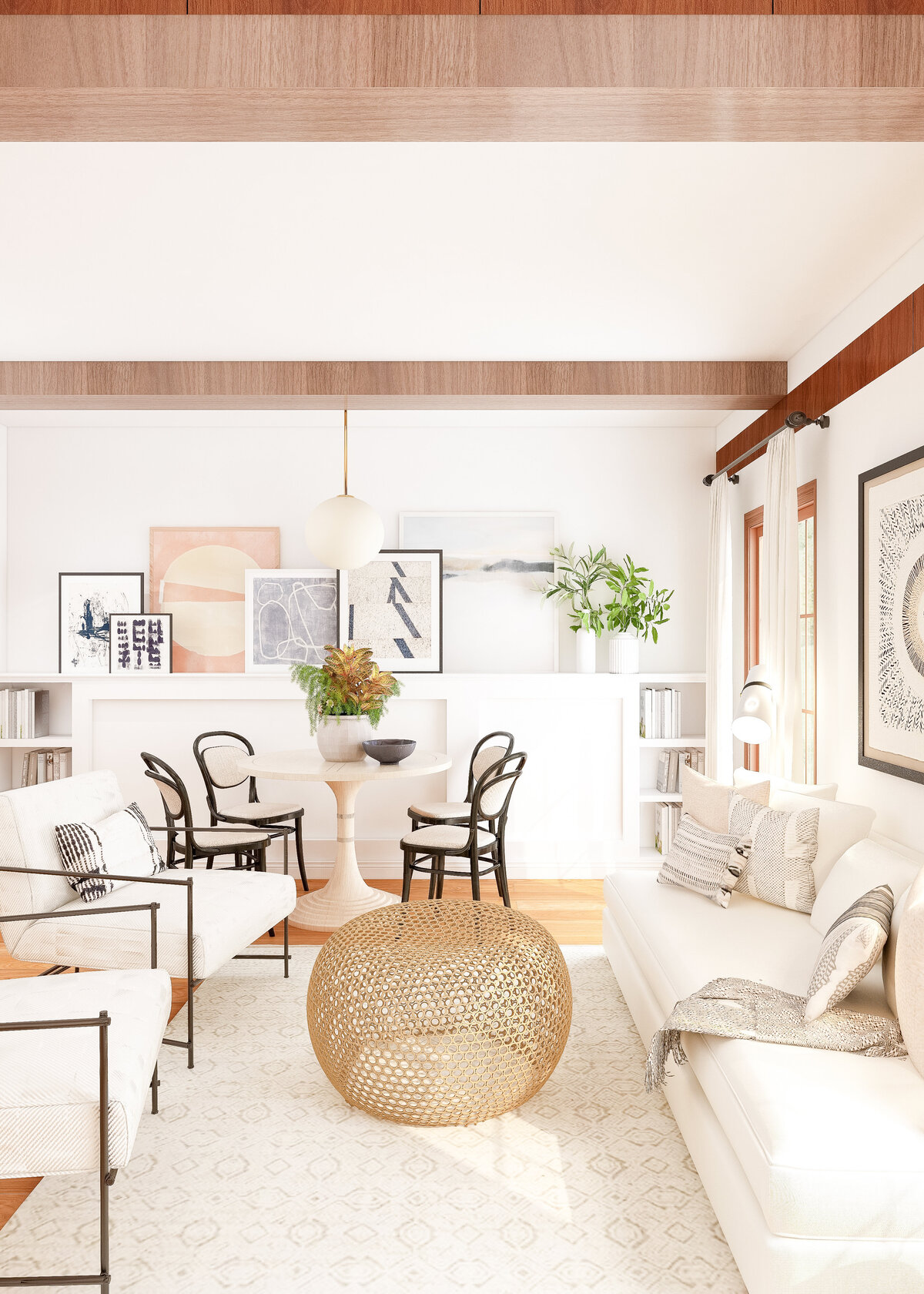 Interior decor. A modern lounge has a gold mesh coffee table with wooden accents.