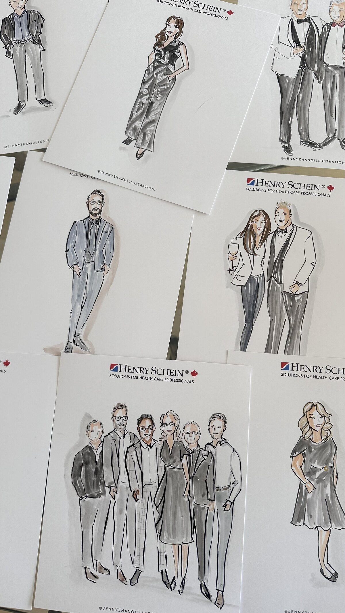Corporate event illustrator capturing Henry Schein employees with live sketches at their grand opening