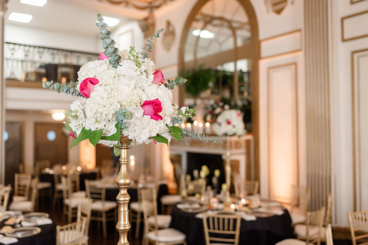 floral cenerpiece with pink and white flowers in the grand ballroom