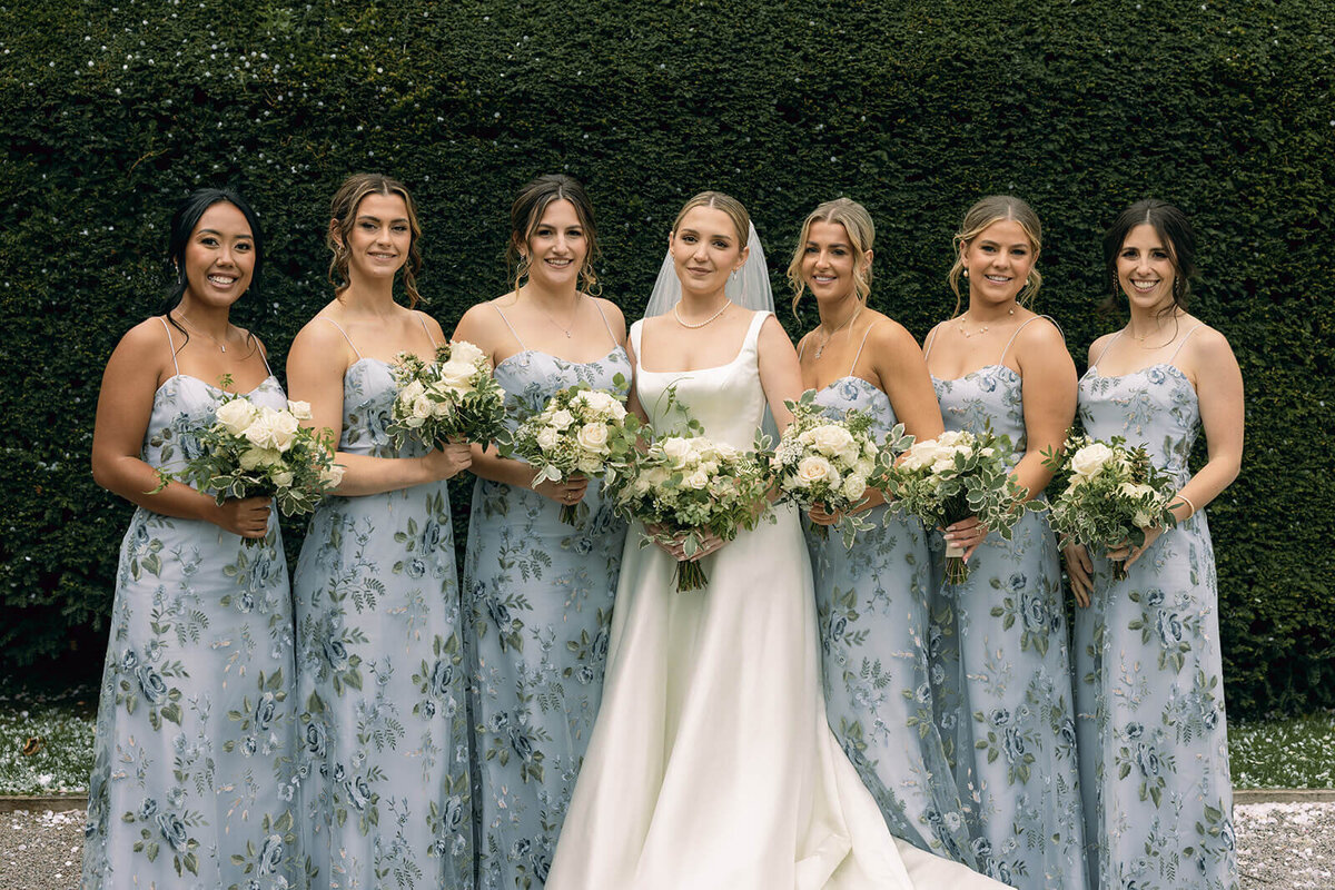 bride and bridesmaids blue and white