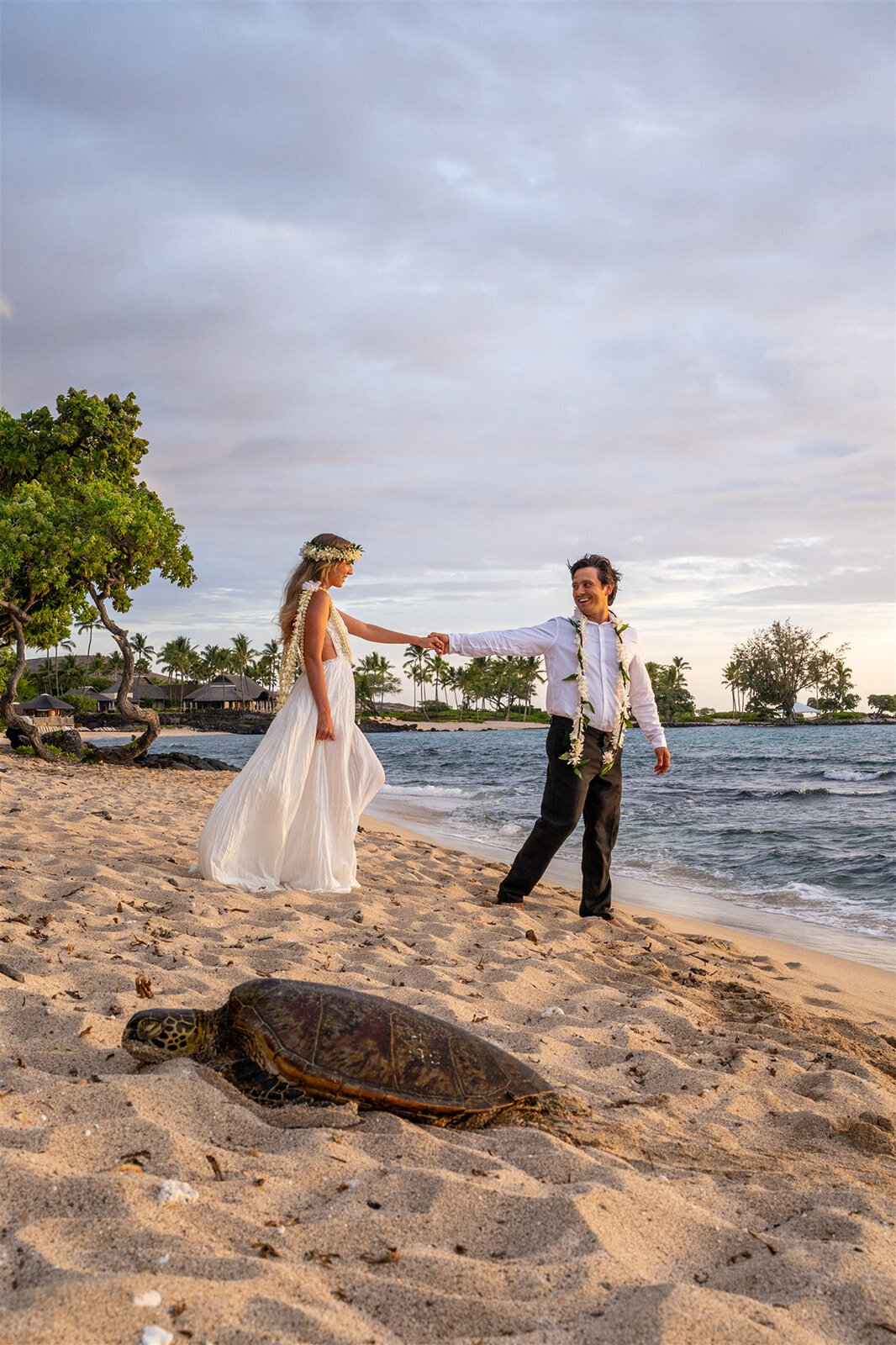 wedding photography in kona hawaii of bride and groom holding hands on beach