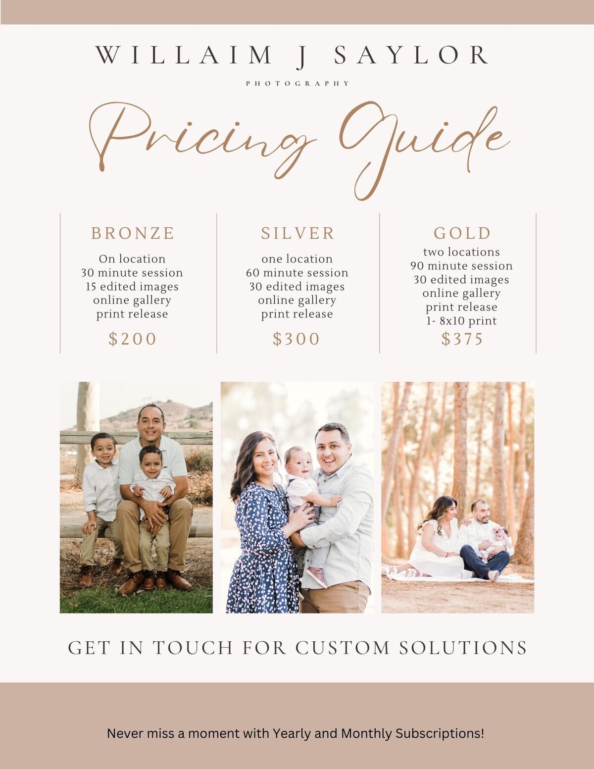 Pricing plans for Family Portraits in Orange County and Inland Empire