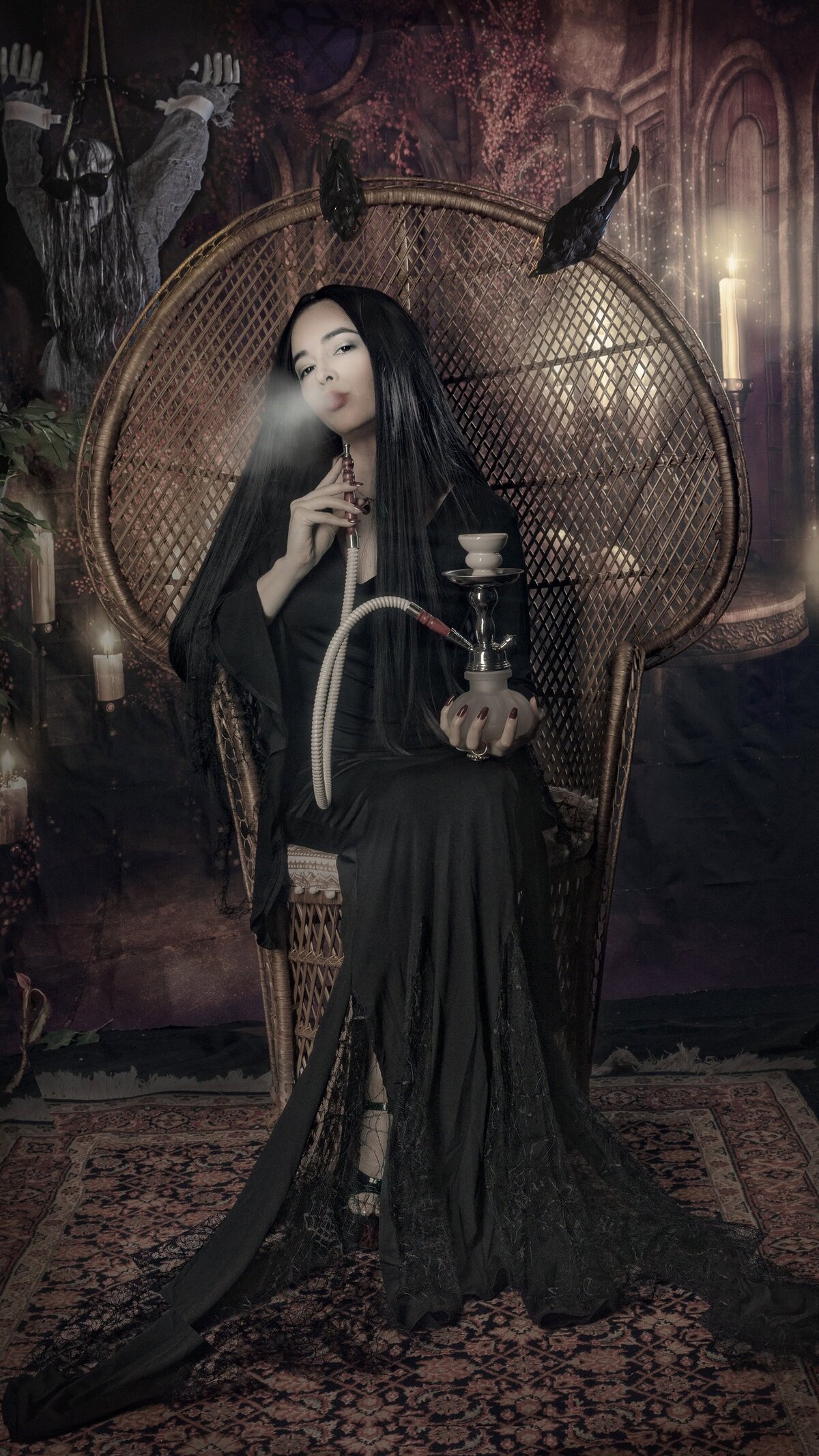Morticia Addams sitting with hookah in her chair