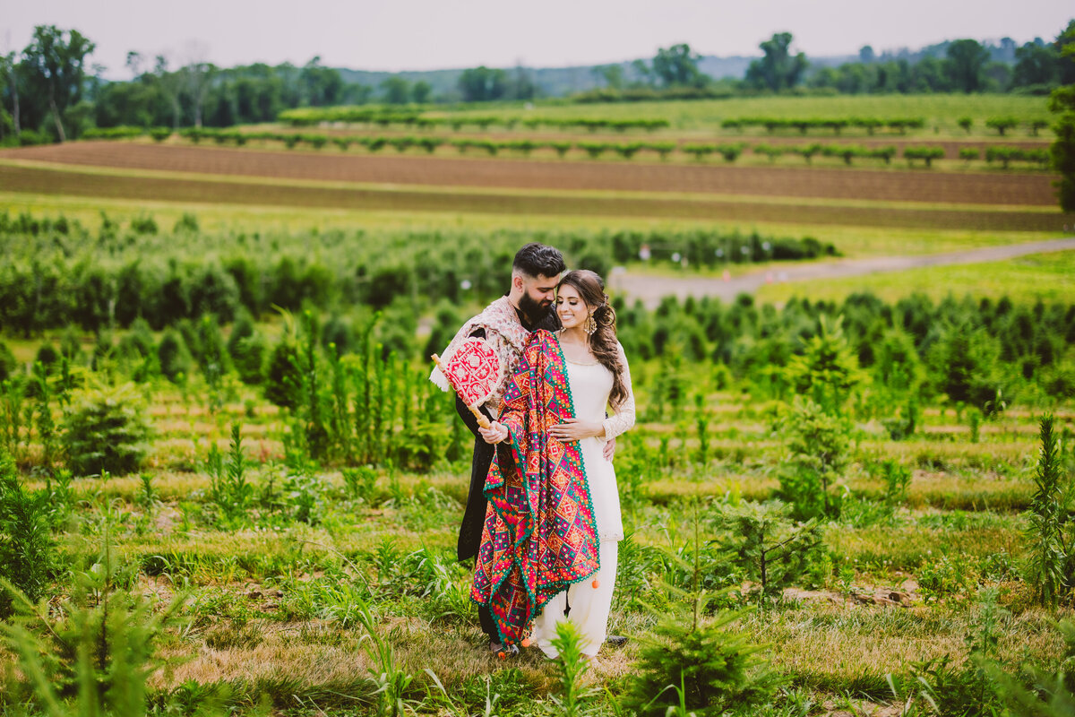 An engaged couple sharing a moment at alstede farms while wearing traditional punjabi clothing and a pankhi in nj