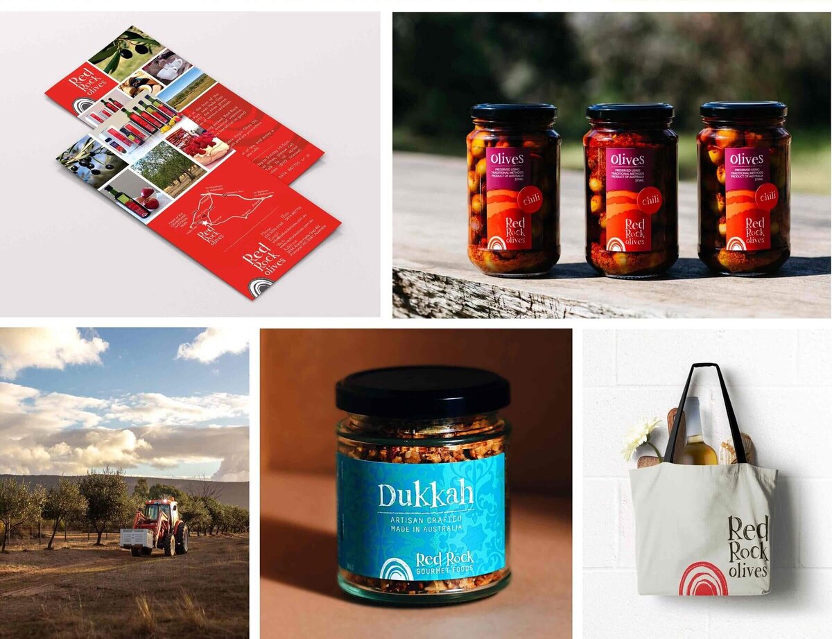 red Rock Olives food packaging  and tote bag with branding
