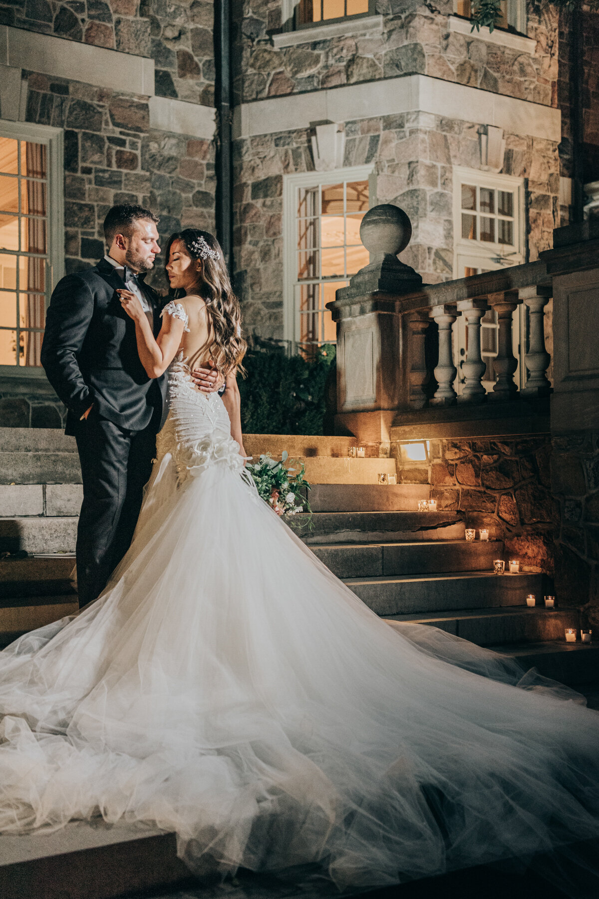 Glamorous night portraits of bride and groom at luxurious Graydon Hall Manor wedding photographed by Nova Markina