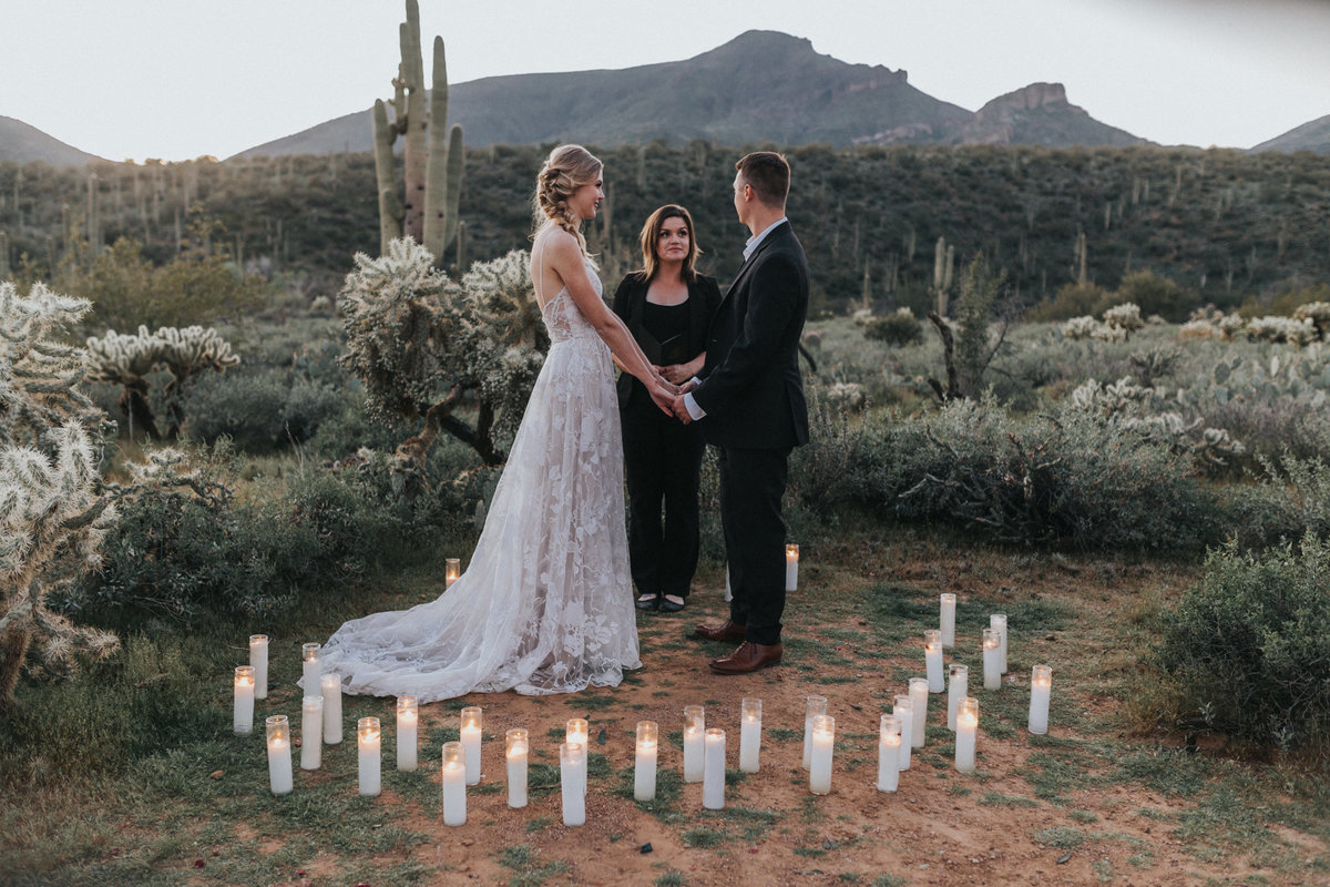 Bride and groom eloping in the desert outside of Phoenix, Arizona.