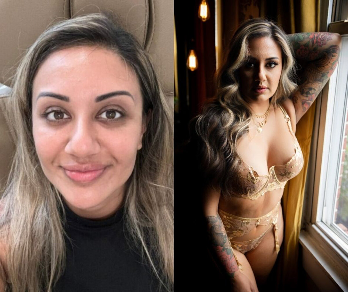 A woman smiles with no makeup next to her in gold lingerie and a hand in her hair in a studio 