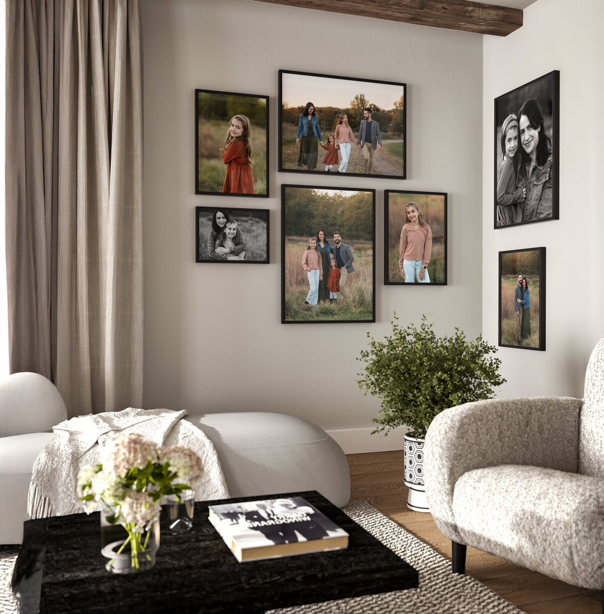 wall art collage in living room of family photoshoot 