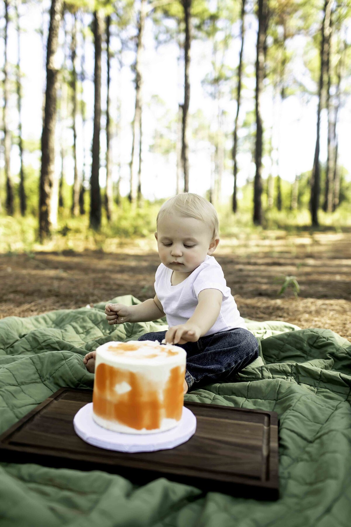 Birthday boy in suspenders and overalls, gleefully smashing his cake, with pine trees framing the scene