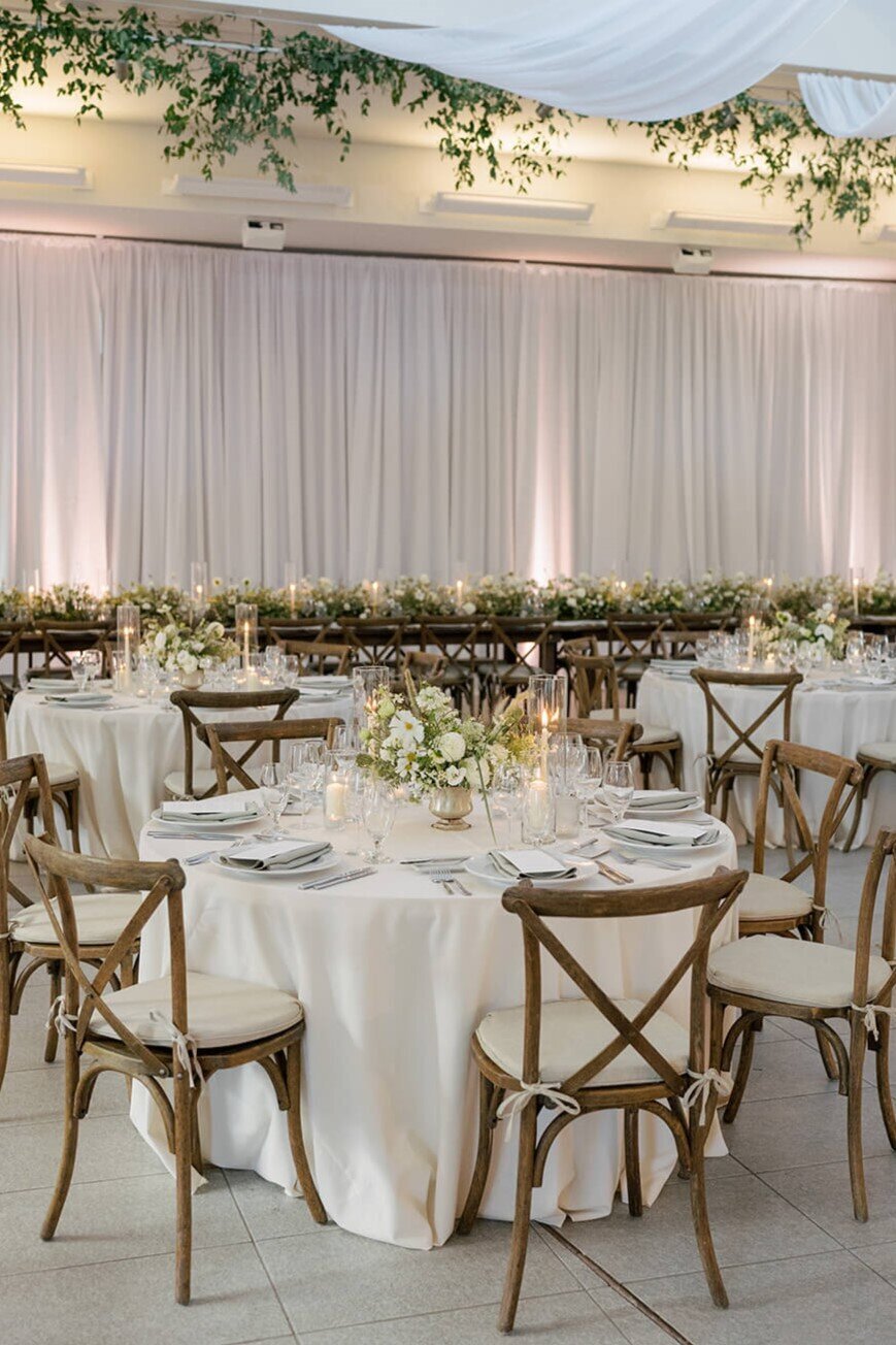 A beautiful, clean, and elegant wedding reception dining room of class and elegance at the Aspen Meadows Resort wedding.