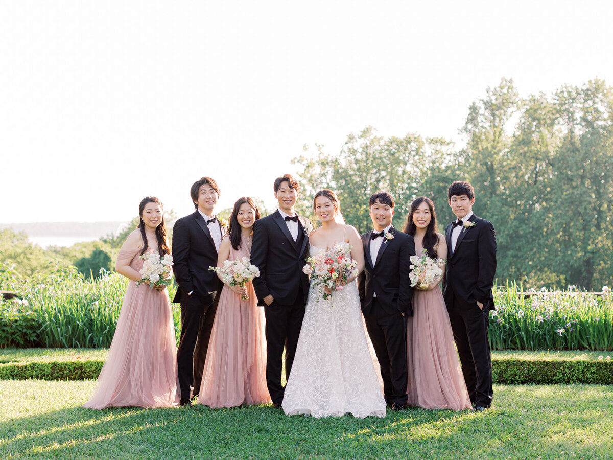 Wedding party group portrait outdoors