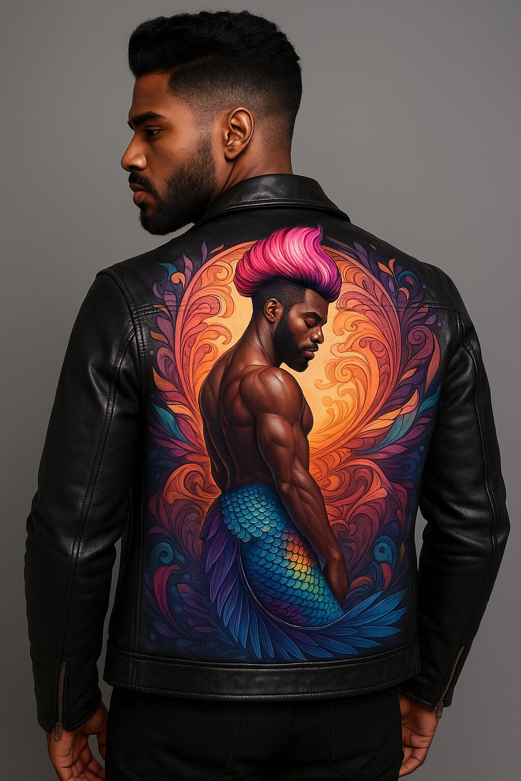 A branded photography shot of custom painted leather jacket with a merman theme