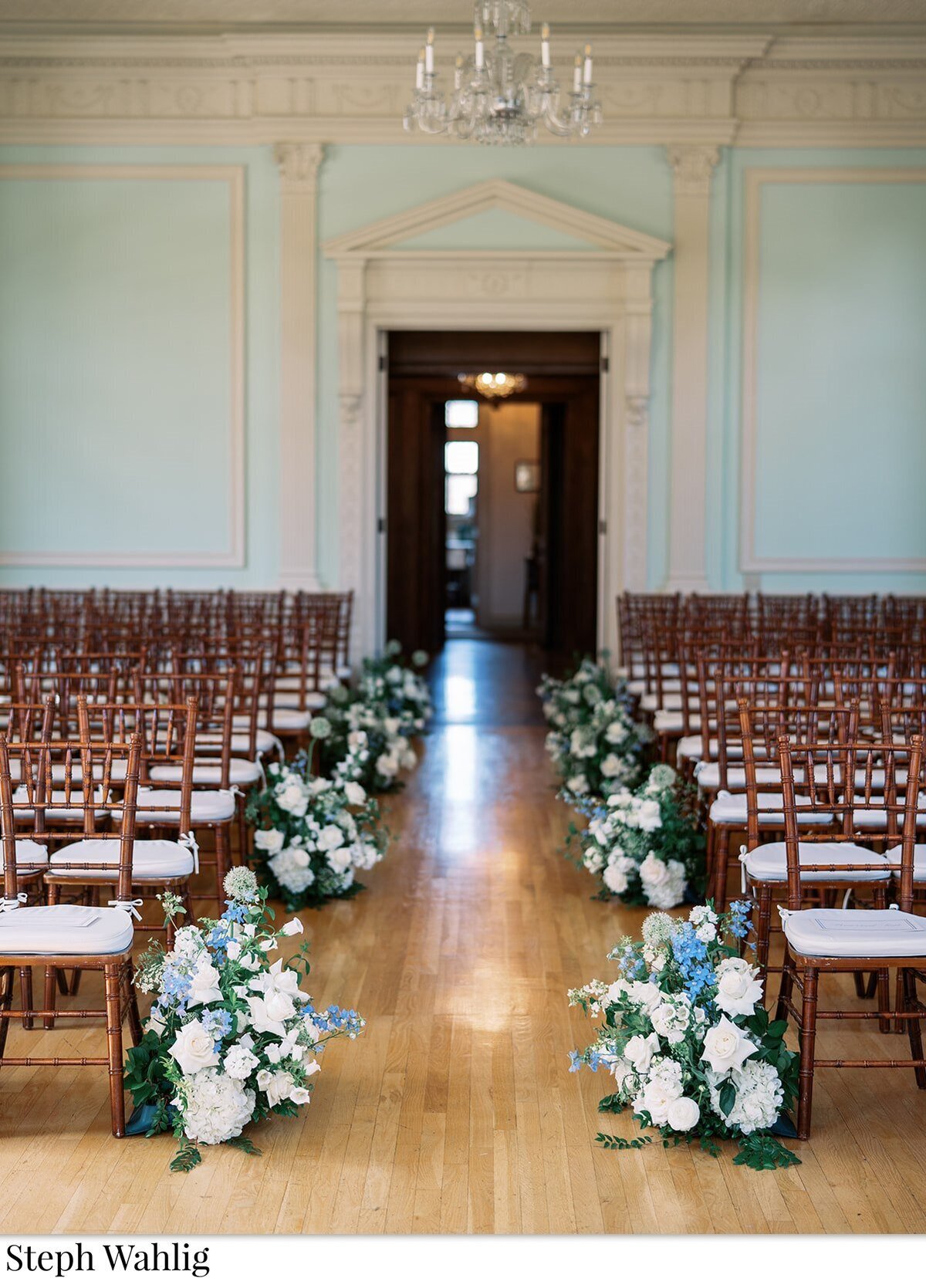 ceremony, aisle markers, aisle arrangements, white and blue flowers, indoor ceremony, aisle, wedding 