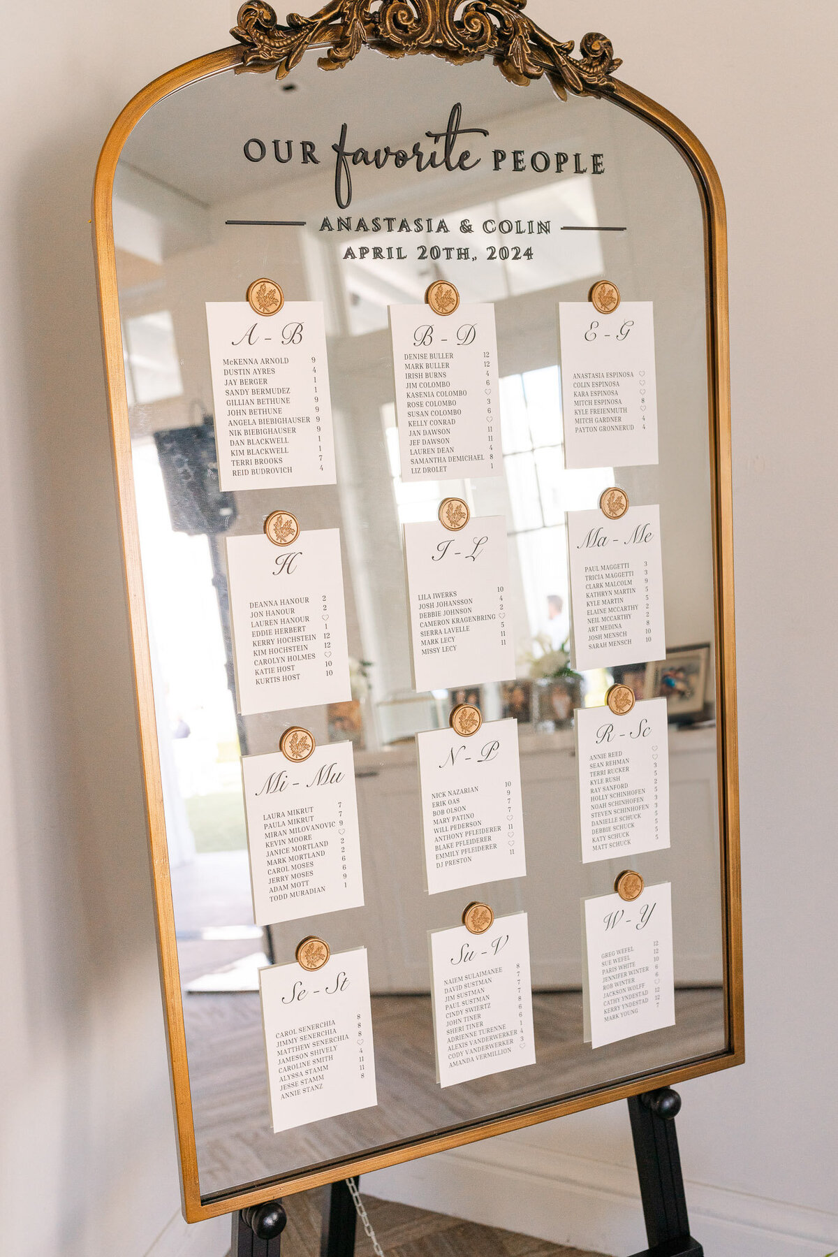 A beautifully designed gold-framed mirror seating chart guides guests to their tables at an elegant Lido House wedding in Newport Beach