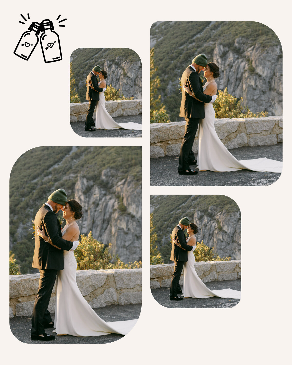 four photos of a couple almost kissing