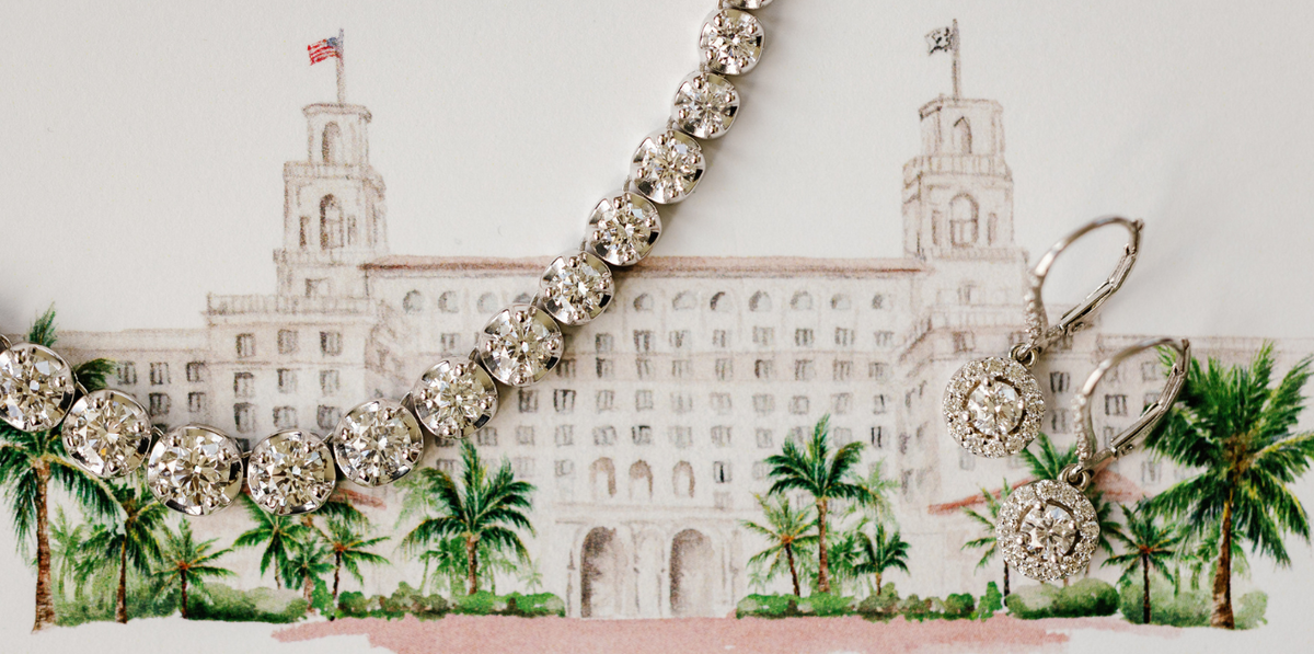 Elegant diamond jewelry laid on an illustration of The Breakers in Miami, Florida, captured by Claudia Amalia Photography, a wedding and lifestyle photographer based in Miami and Florida Keys South Florida, specializing in destination weddings.