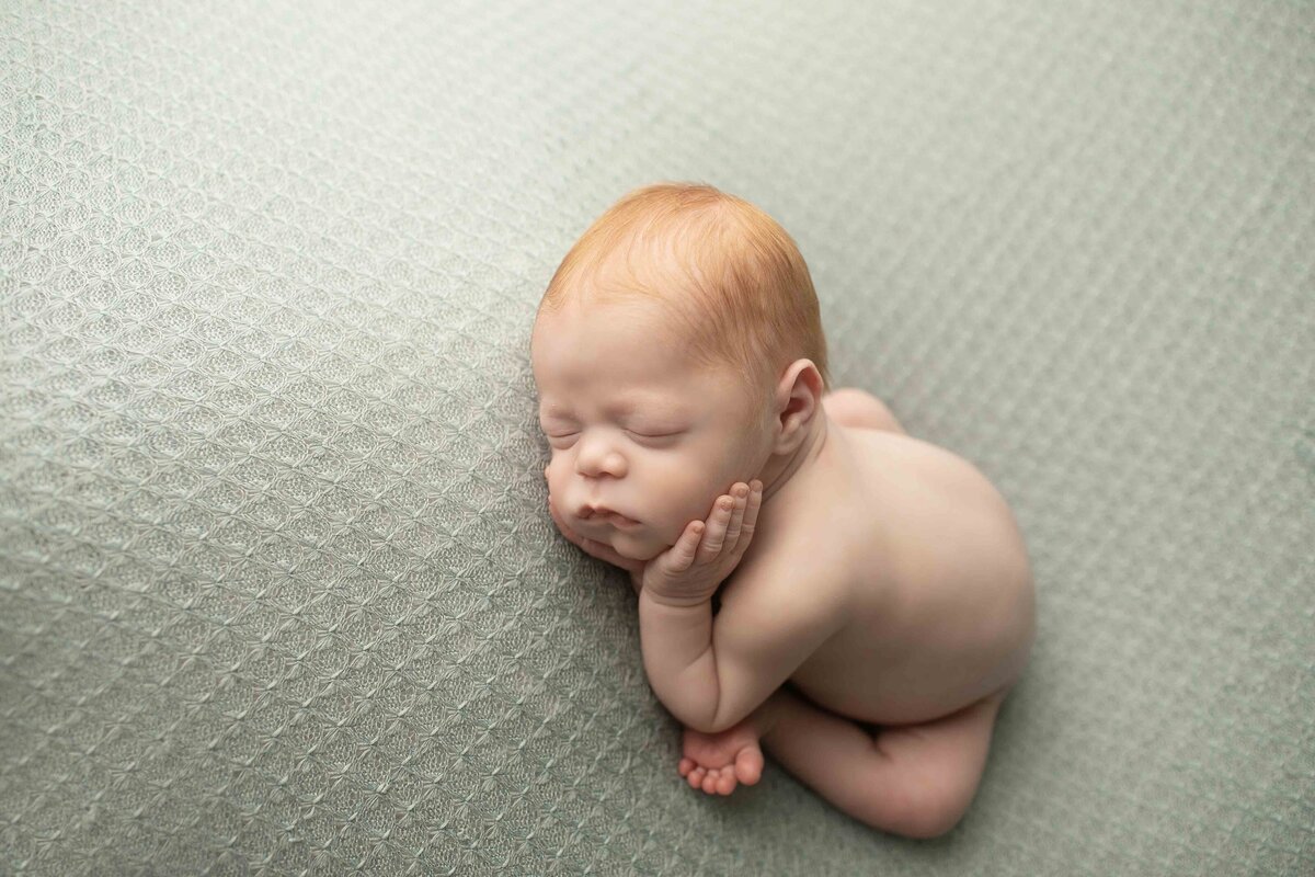Posed newborn boy with vibrant red hair, resting on a soft, textured surface