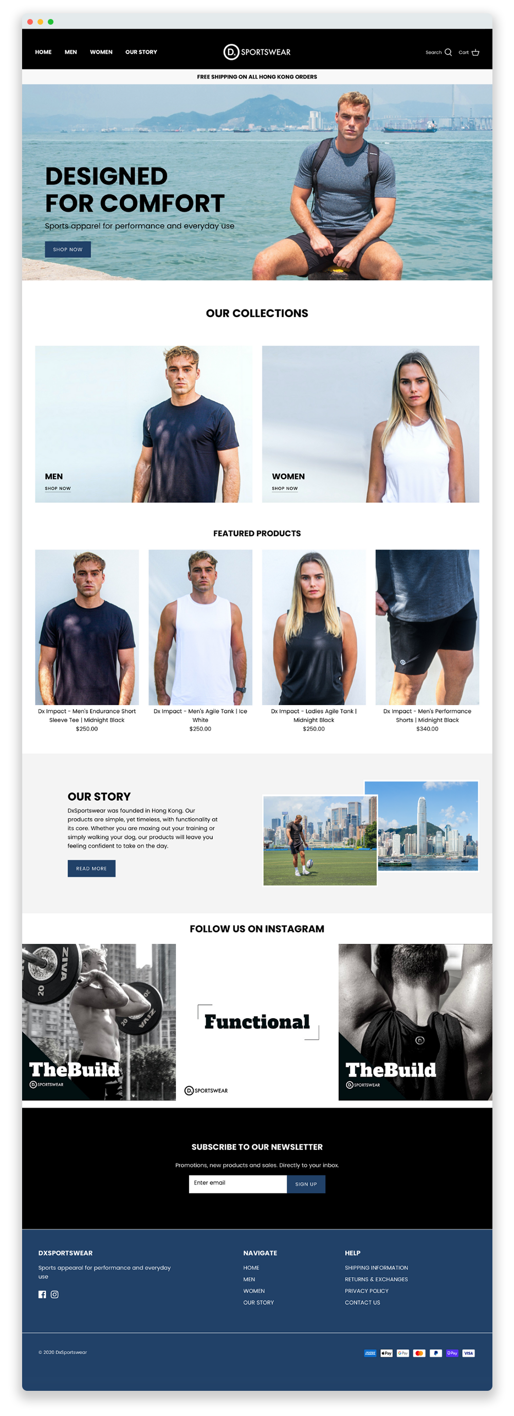 E-Commerce Website Design Service in Hong Kong for Activewear and Sports Apparel Brand, Dxsportswear by Web Designer Kyra Janelle - Desktop Homepage.