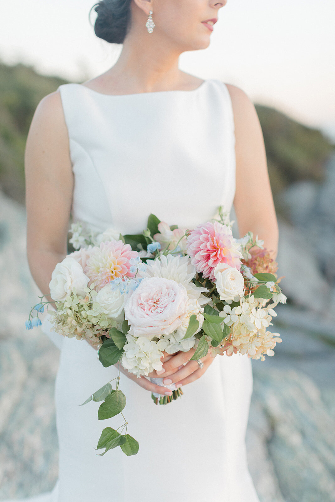 Kate-Murtaugh-Events-Castle-Hill-Inn-sunset-bride-portrait-rocky-coast-Newport-RI-dahlia-bouquet