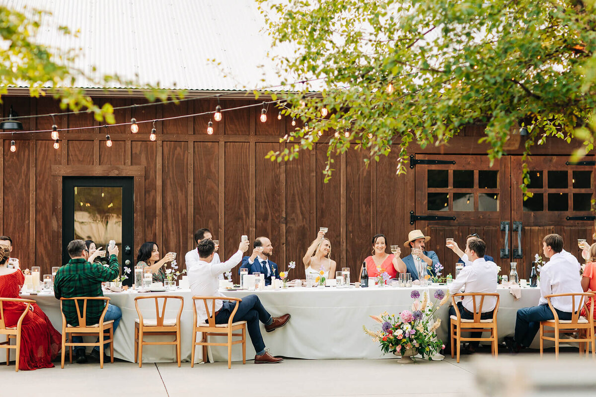 People holding up their glasses in a cheers at a outdoor wedding reception in Boise, Idaho.