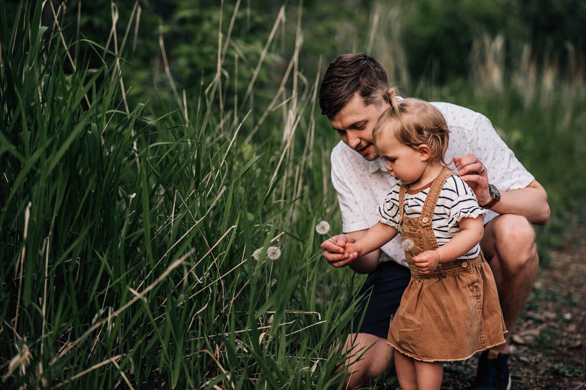 A father helps his two year old girl pick a dandelion to blow during a session with Minneapolis family photographer, Kate Simpson Photography.