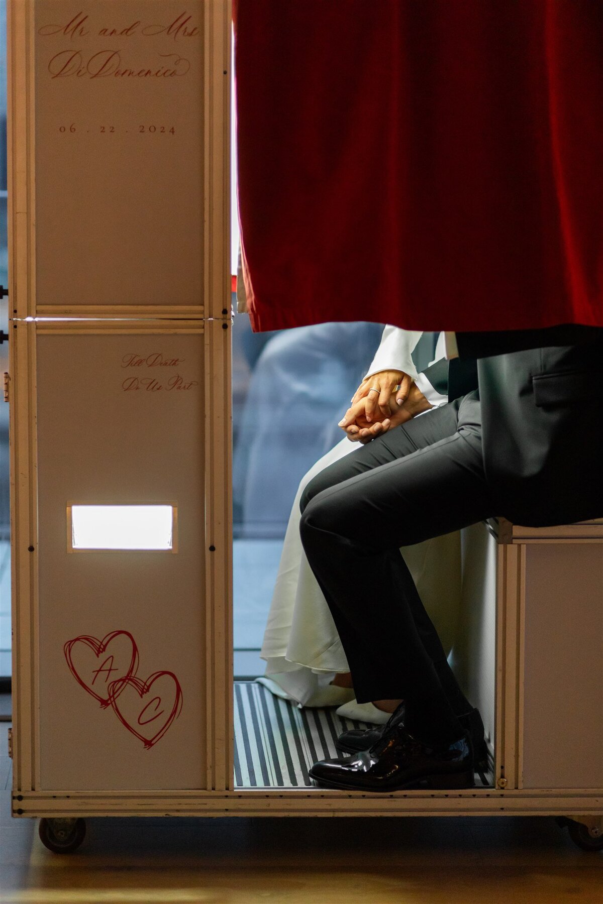 Custom photo booth vinyl wrap with couples' names and wedding date