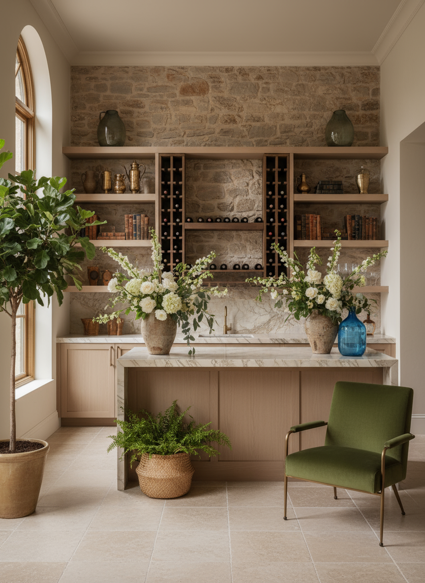 Firefly_An elevated, European-inspired home wine bar with soft natural light and a warm, orga 743938