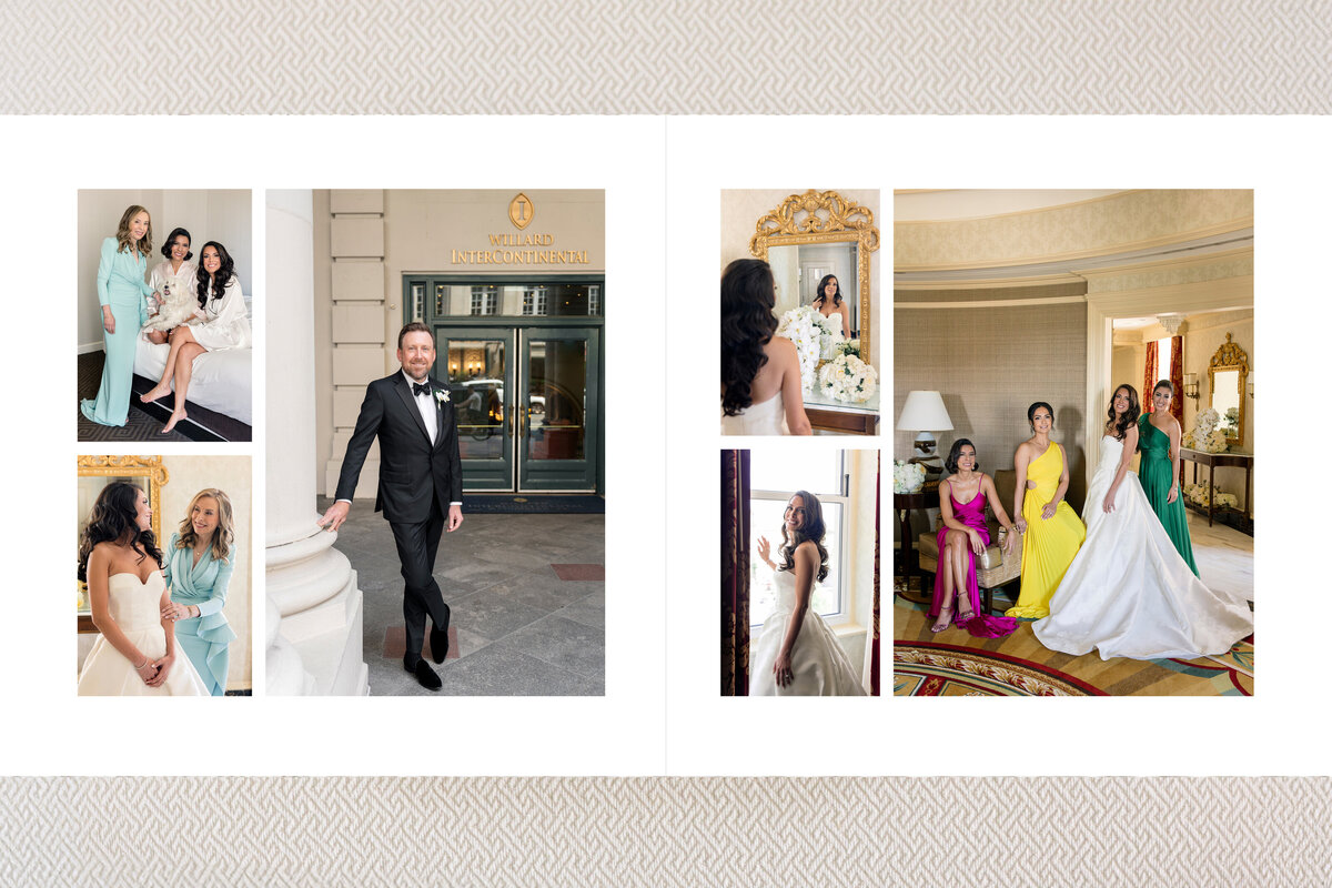 A collage of wedding photos. Left: A man in a suit, women in gowns, and a hotel entrance. Right: A bride in a white dress with a long train, and bridesmaids in colorful dresses gathered in a luxurious room.