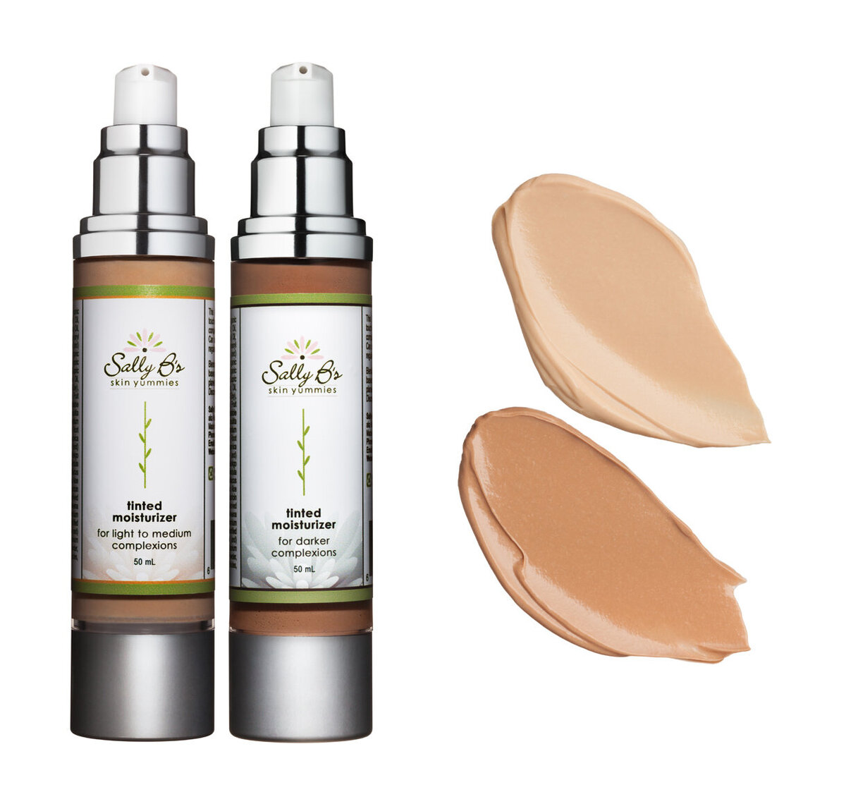 Two bottles of tinted moisturizer with beige swatches, highlighting product texture and shade options, photographed by Ylva Erevall.