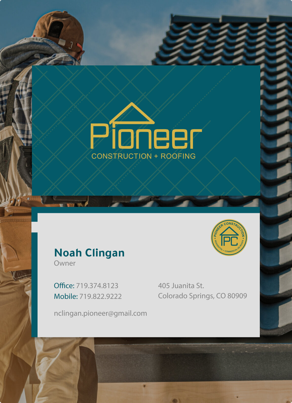 Front and back facing business card for Pioneer Construction as it floats on top of a background image of a man fixing a roof.