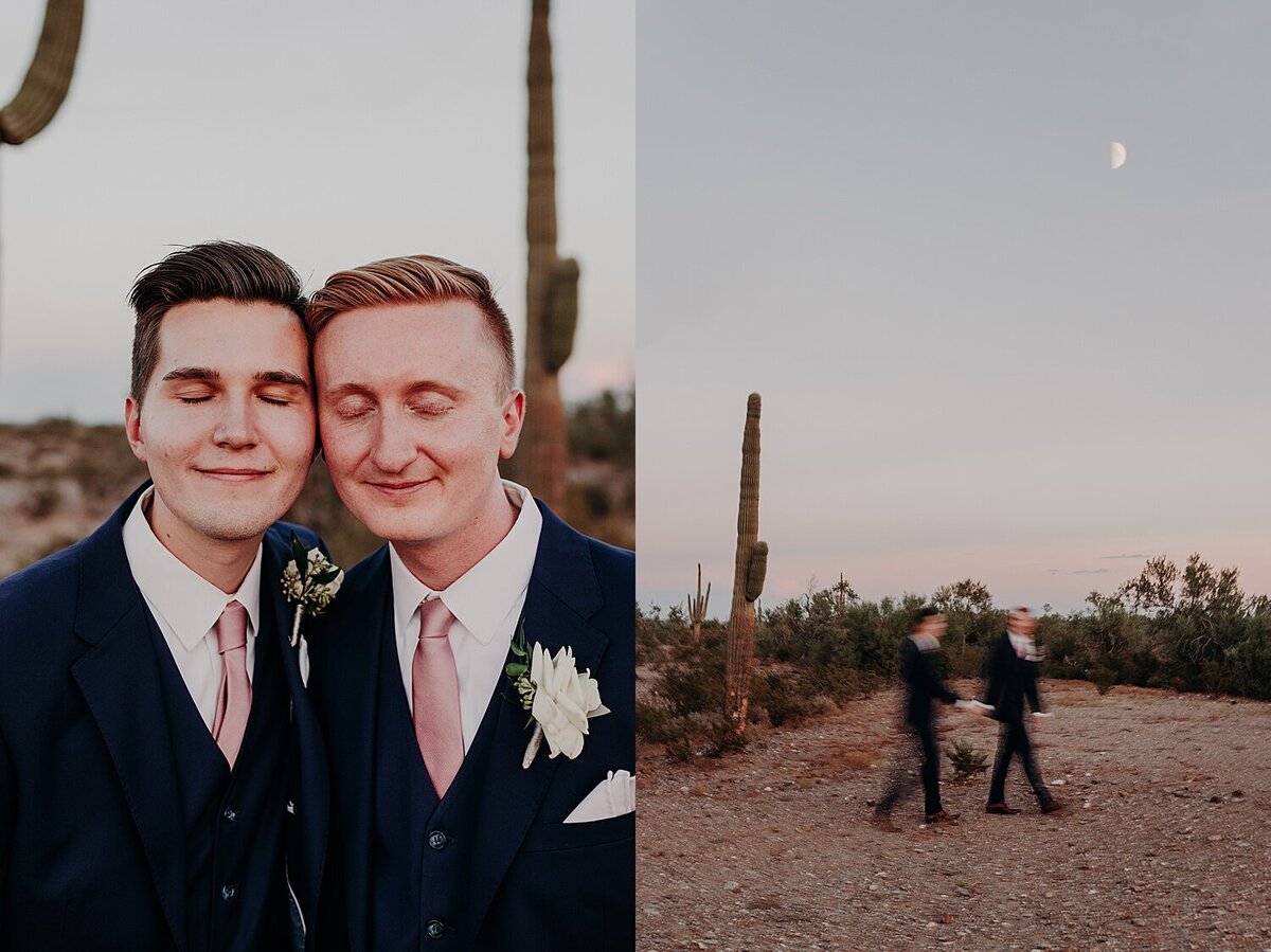 two grooms stand side by side and close their eyes
